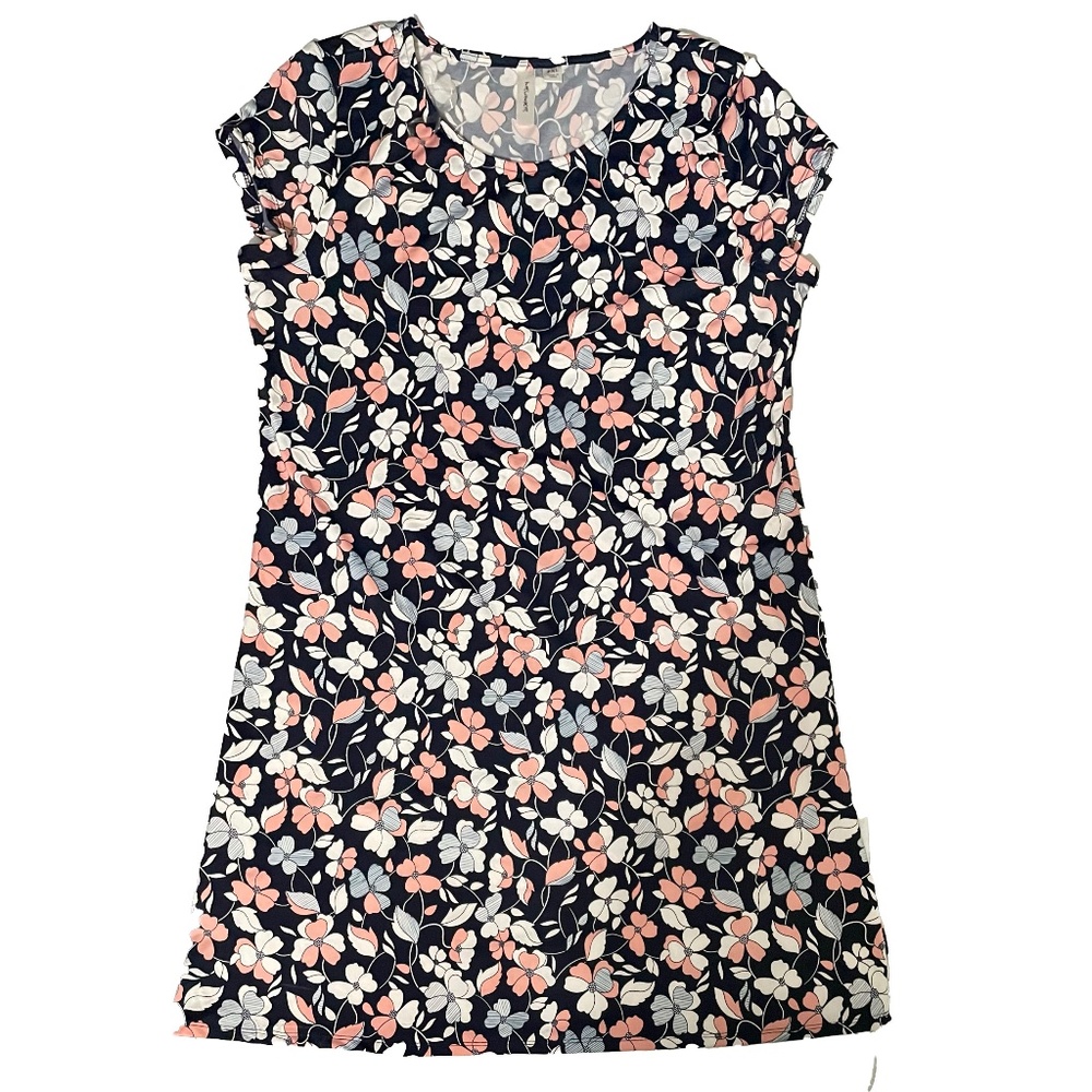 TACERA: floral pattern, short-sleeve, knee-length dress with rounded neckline